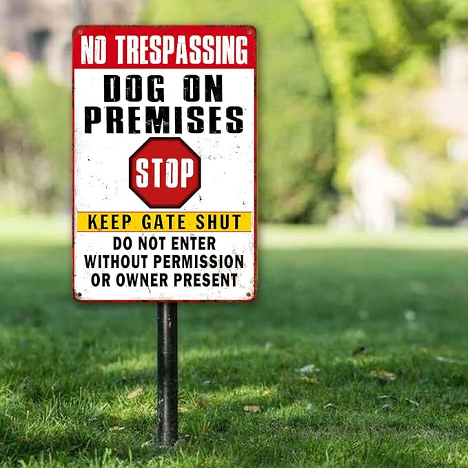 Beware Dog Signs - No Trespassing, Dogs On Premises, Funny Metal Tin Signs - 12 x 8 Inch