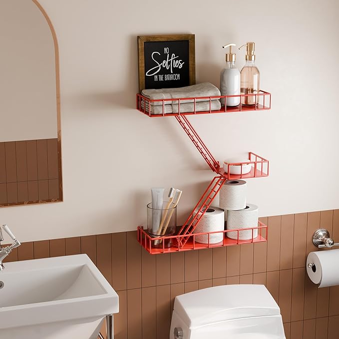 Fire Escape Shelf - 3 Tier Metal Large Red Fire Escape Wall Shelf, New York Action Figurine Display Shelf, Decorative Wall Shelf, Unique Rustic Floating Shelves for Bedroom, Bathroom (17 inch)