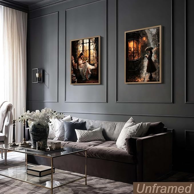 NCYEL 2Pcs Dark Academy Canvas Wall Art Painting Book Reading Print Vintage Style Drawing Gothic Poster Girl Street Scene Picture Library Study Bedroom Decor Literature Gallery 12x16 Inch Unframed
