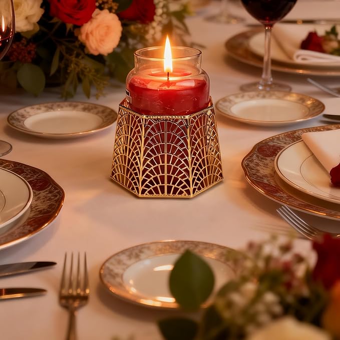 3 Wick Candle Holder, Golden Shell Design Candle Jar Holder for 4-Inch Diameter Jars (5.25" D x 3.5" H) (Golden)