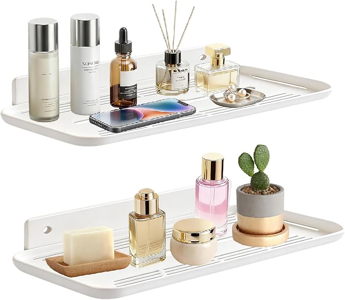 FAYYGYH Adhesive Floating Shelves No Drill Floating Shelf for Wall Storage Damage-Free Wall Mounted Organizer for Bathroom, Kitchen, Bedroom & Office (White, 2 PCS)