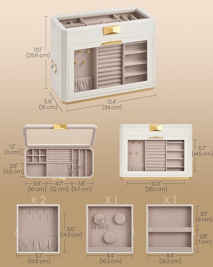 SONGMICS HOME Large Jewelry Box, Vertical Jewelry Organizer with Glass Windows, Jewelry Pouch, 4 Side Drawers, Woven Embossed PU Leather, Gift Idea, Cloud White UJBC203W01