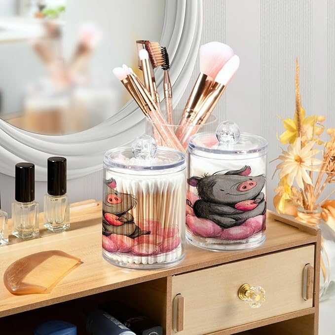 2 Pack Apothecary Jars,Charming Pig Art Bathroom Vanity Storage Organizer Set,Small Clear Plastic Storage Jars Bathroom Canister for Cotton Swabs,Rounds,Balls,Qtips,Makeup Sponges