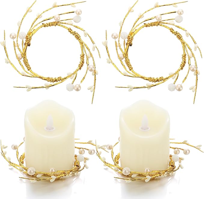 Daifunli 2 Pcs Pearl White Berry and Pip Gold Wire Candle Rings Vintage Pip Berries Wreaths for Pillar 3.9 Inch Candles Holder for Summer Ocean Beach Rustic Table Centerpiece Decor