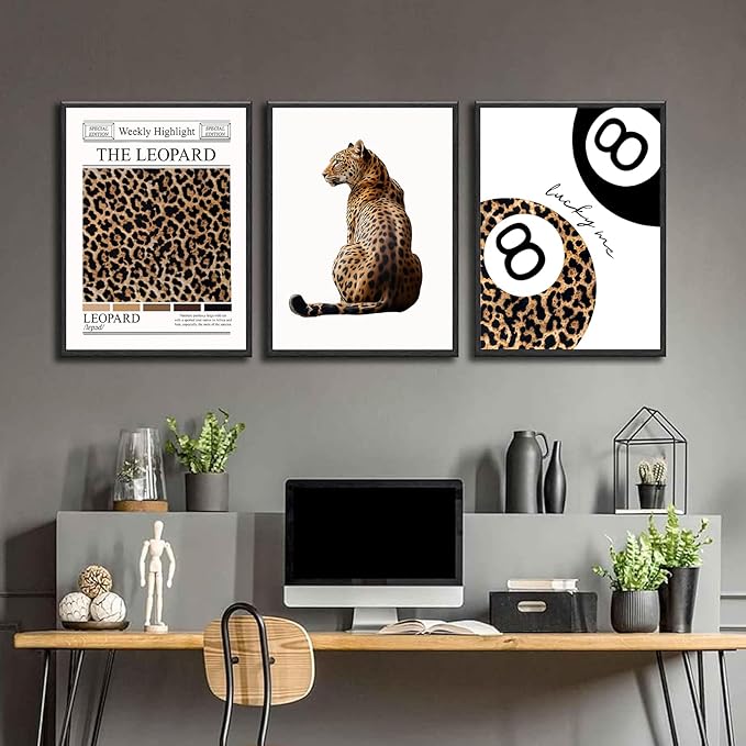 Set of 3 Trendy Leopard Wall Art Funky Lucky 8 Ball Posters Prints Preppy Room Aesthetic Cheetah Wall Decor Pictures for Girls Bedroom Apartment Dorm Unframed 12x16in