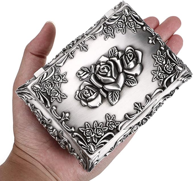Hipiwe Vintage Metal Jewelry Box Small Trinket Jewelry Storage box For Rings Earrings Necklace Treasure Chest Organizer Antique jewelry Keepsake gift Box Case for Women (Medium)