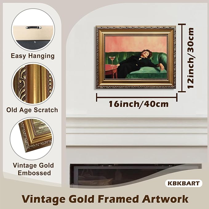 KBKBART Vintage Gold Framed Wall Art, Moody Wall Decor, Funky Victorian Woman on Couch with Martini Picture Canvas Paintings Artist for Bedroom Living Room Home Office Bathroom Decor 12x16Inch