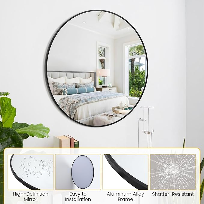 Circle Mirror, Bathroom Mirrors for Over Sink, Modern Round Mirrors for Wall Decor, Wall Mirror for Entryway, Bathroom, Living Room, Easy to Install, Matte Black (20 Inch)