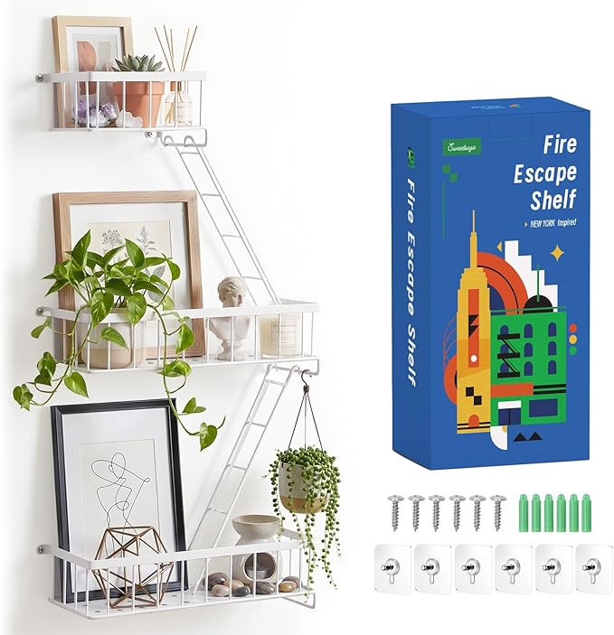 SweetSage Fire Escape Wall Shelf White - Modern New York City Wall Decorative Display Ladder Floating Shelves for Bedroom, Home Décor, Action Figure Display (2.5-Tier)