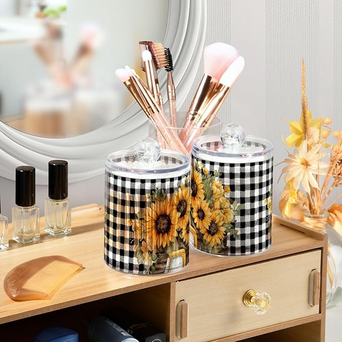2 Pack Apothecary Jars Yellow Truck with Sunflowers Bathroom Vanity Storage Organizer Set,Small Clear Plastic Storage Jars Bathroom Canister for Cotton Swabs, Rounds, Balls, Qtips,Makeup Sponge