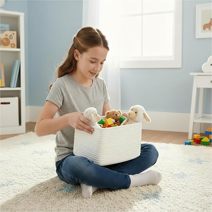 R RUNKA Small Cotton Rope Basket – Storage Bin for Organizing (10.6" x 6.7" x 6.7"), Bathroom Storage Basket for Shelf, Counter & Closet（White）