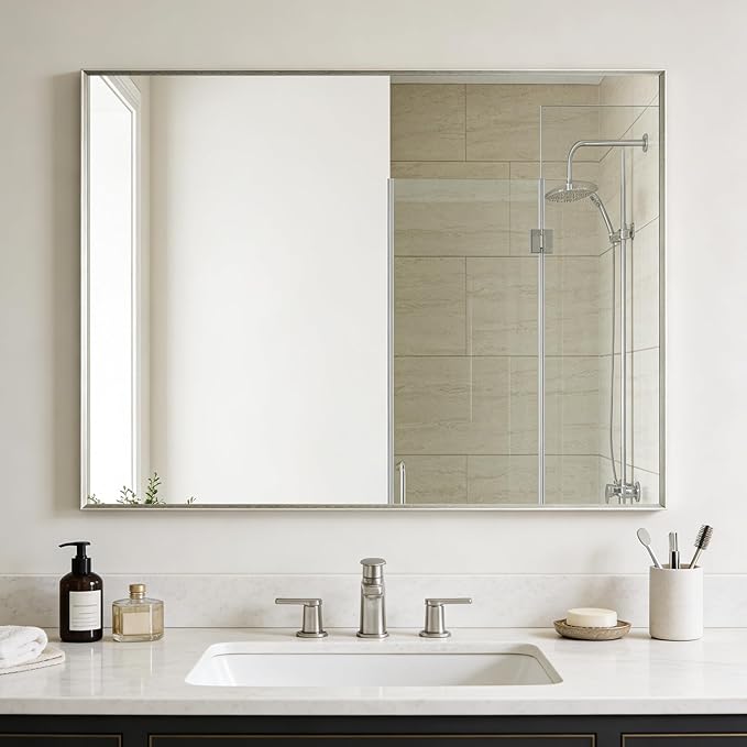 Bathroom Mirror for Wall, 30x40 Inch Metal Framed Mirror, Brushed Nickel Rectangle Mirror, Bathroom Vanity Mirror Farmhouse, Tempered Glass, Anti-Rust, Hangs Horizontally or Vertically