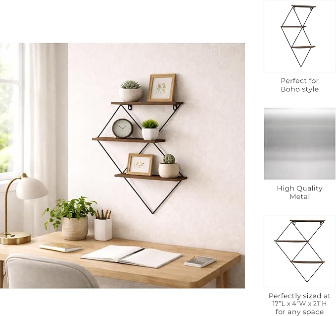 Diamond Wall Mounted Shelf with Wood and Metal Frame for Home Decor - 3 Tier Hanging Storage Organizer for Books - Wall Organizer for Living Room, Bedroom, Office or Entryway - 21", Brown & Black