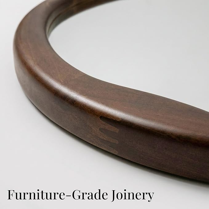 Round Dark Wood Mirror 30 Inch, Large Solid Wood Framed Wall Mirror with Asymmetrical Wavy Inner Edge for Living Room, Fireplace & Dining Room Decor