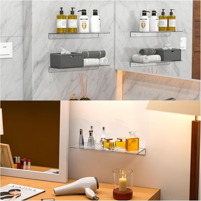 Clear Acrylic Floating Shelves Set of 2 for Lego Sets Funko Pop Collectibles Kids Bookshelf Figures Plant Picture Photo Modern Wall Ledge Floating Shelf for Bedroom Decor Living Room Wall Shelf