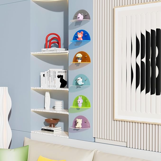 6 Pack Small Wall Shelf, Colorful Acrylic Shelves for Wall Mounting, No Drilling Floating Shelf for Home Décor and Office, Display Ledges Popmart Funko Figures