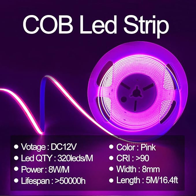 HAMRVL COB LED Strip Lights Pink, DC12V 16.4ft/5M 320leds/M CRI90 Bright Flexible LED Tape Lights 8mm, for Indoor Home Cabinet, Bedroom, Kitchen, Stage, Backlight DIY Lighting (Without Power Supply)