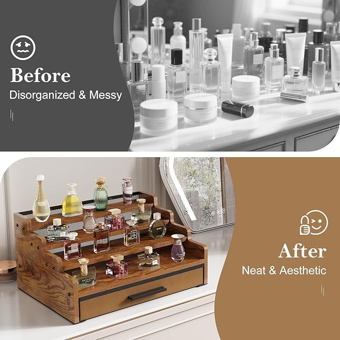 4 Tier Cologne Organizer for Men, Wooden Perfume Organizer with Drawer Storage, Perfume Display Shelf for Cologne, Watch, Grooming and Figures, Perfect Birthday/Easter Gift for Lovers & Fathers