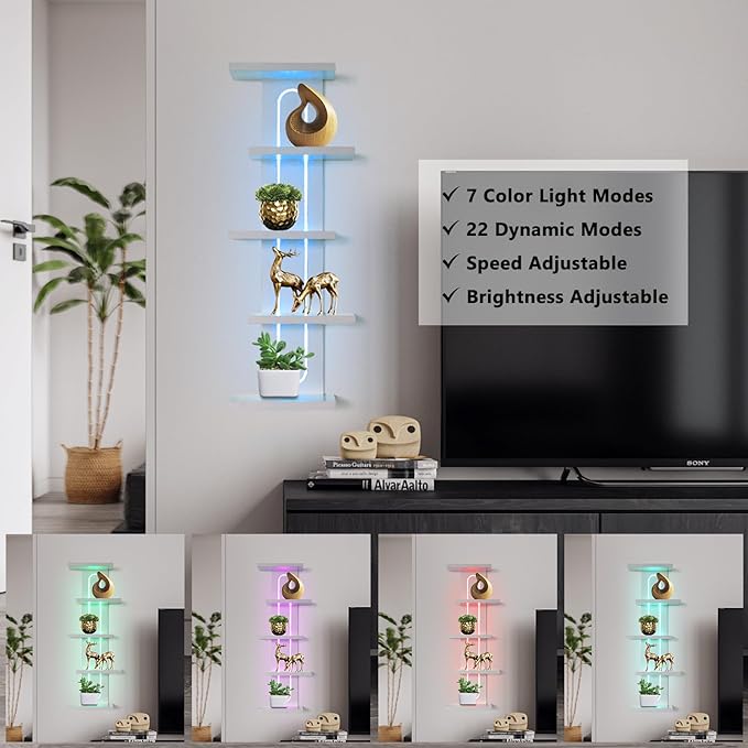 Homaterial 5-Tier Floating Shelves with RGB Remote Control Light, Tall Wall Mounted Bathroom Shelf & Modern Lack Shelf for Home Decor, Space Saving Corner Organizer for Perfume, Plants, Books, White