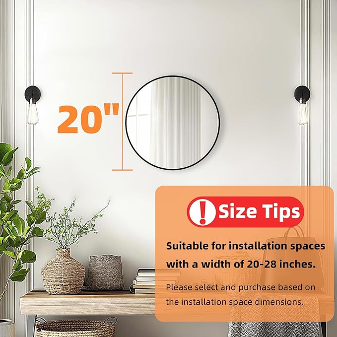 Black Round Mirror, 20 Inch Black Circle Mirror, Metal Frame Round Wall Mounted Mirrors for Bathroom, Living Room, Bedroom, Entryway, Vanity