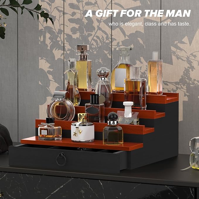 upcessory Cologne Organizer for Men, 4 Tier Perfume Stand, Cologne Shelf with Drawer and Hidden Compartment Perfume Display Holder, A Gift for Men