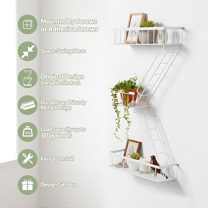 SweetSage Fire Escape Wall Shelf White - Modern New York City Wall Decorative Display Ladder Floating Shelves for Bedroom, Home Décor, Action Figure Display (2.5-Tier)