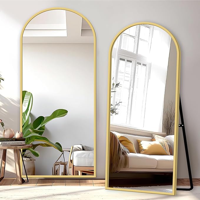 GlasFlength Full Body Mirror with Stand, 71" x 32" Arched Full Length Mirror with Aluminum Alloy Frame Wall-Mounted/Leaning Against Wall/Floor Standing Mirror for Home Decor, Gold