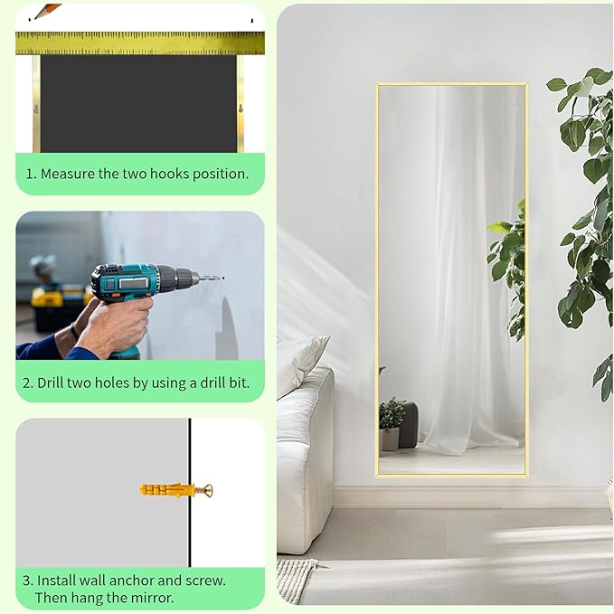 Sunniry Gold Floor Mirror, Full Body Mirror with Aluminum Metal Frame, Floor Mirrors for Nursery, Baby Room, Entryway, Party, Dressing Room. (48x16 inch, Gold)