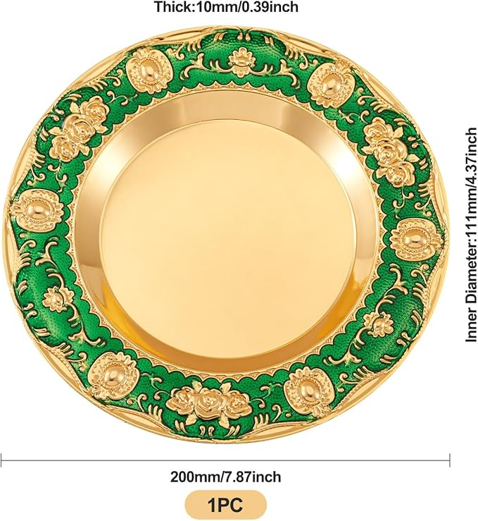 1pcs Golden Serving Tray for Party 4.8" Vintage Round Decorative Plate Tray Jewelry Makeup Organizer Dishes Bathroom Vanity Tray for Gift Wedding Coffee Table Dessert Christmas 20 cm (Green)