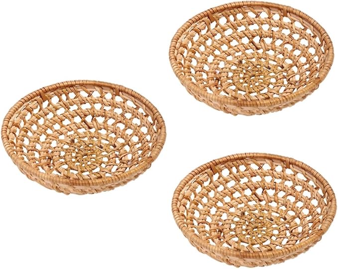 IMIKEYA 3pcs Multi-function Woven Fruit Basket Decorative Storage Tray for Kitchen Counter Entryway Dining Table Natural Rattan Design for Snacks Bread and Household Items