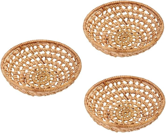 IMIKEYA 3pcs Multi-function Woven Fruit Basket Decorative Storage Tray for Kitchen Counter Entryway Dining Table Natural Rattan Design for Snacks Bread and Household Items