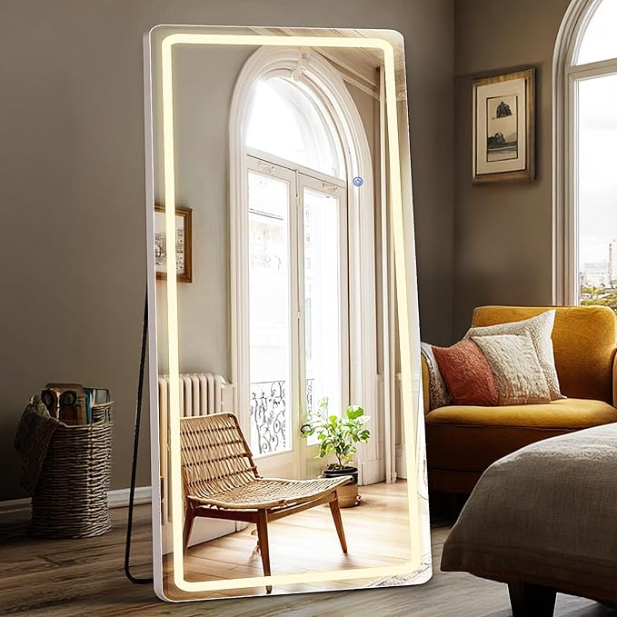 DUMOS LED Full Length Mirror, 26"×70" Floor Standing Mirror with 3 Color Lights & Wall Mounted for Bedroom, Dressing Room, Living Room, Bathroom