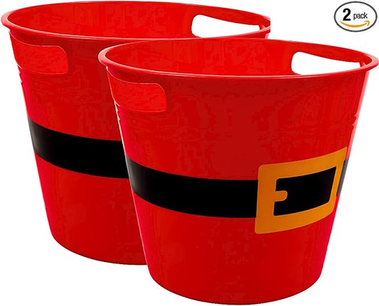 2-Pack Christmas Santa Belt Buckets, 7.95in. x 8.32in. Holiday Gift Red Pail Basket with Handles Party Favor Stackable Containers Goodie Bags Treat Holders Christmas Décor Craft Decorative Storage