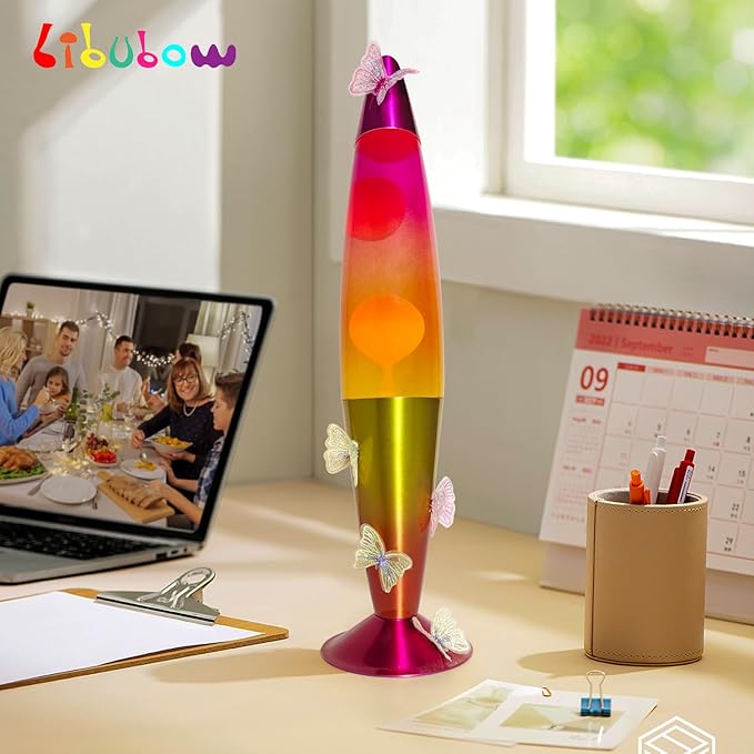 16 Inch Rainbow Motion Lamp with Butterfly Embroidery, 2 Bulbs, Mood Lighting Butterfly Lamp, Relaxing Night Light for Adults, Teens and Kids, Room Decor, Present, Purple Orange Yellow