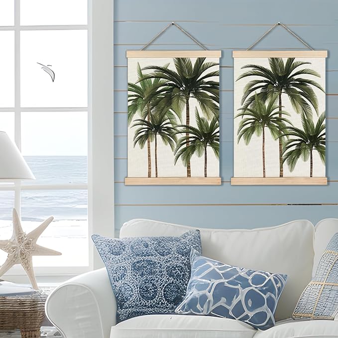RYYCDOI Palm Tree Wall Art, Tropical Palm Tree Beach Poster, Coastal Tropical Wall Decor, Beachy Wall Decor for Home Bedroom Living Room, 12x16 Inches Set of 2
