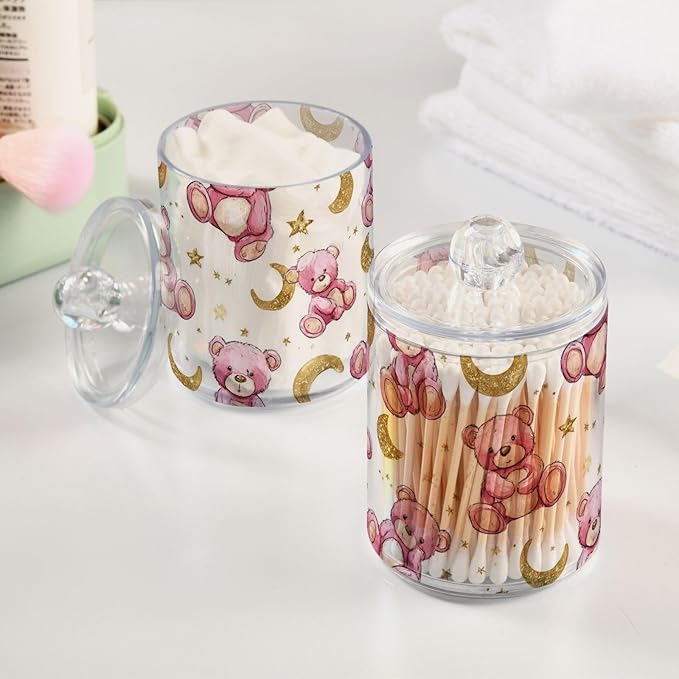 2 Pack Apothecary Jars Teddy Bear Celestial Pink Bathroom Vanity Storage Organizer Set,Small Clear Plastic Storage Jars Bathroom Canister for Cotton Swabs, Rounds, Balls, Qtips,Makeup Sponges,