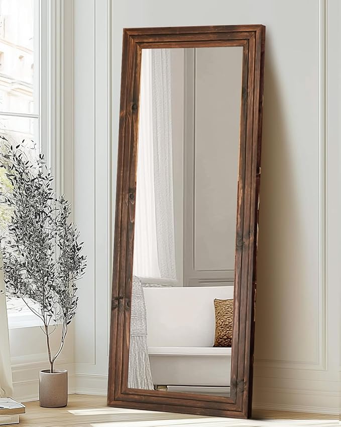 Full Length Mirror 65"x22" with Stand Solid Wood Frame Floor Large Mirror for Living Room, Bedroom Hanging Standing or Leaning Wall-Mounted, Brown