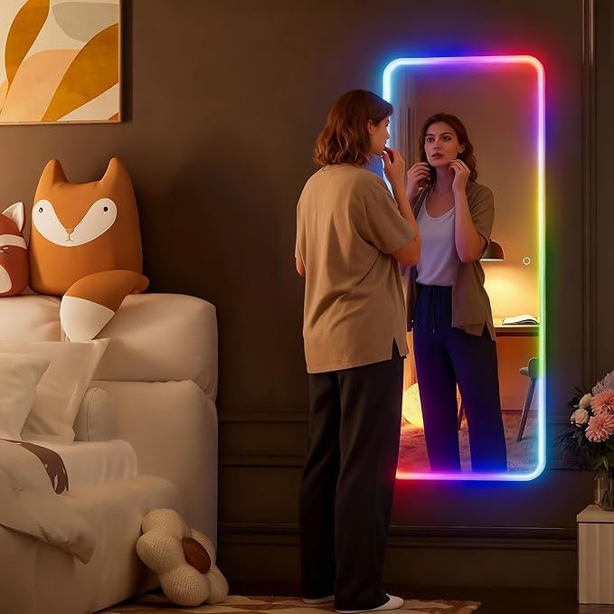 Hasipu 47"x15.7" LED RGB Door Mirror Full Length, Full Body Full Length Over The Door Mirror with Lights, Door Hanging & Wall Mounted Mirror for Bedroom, Living Room, Cloakroom