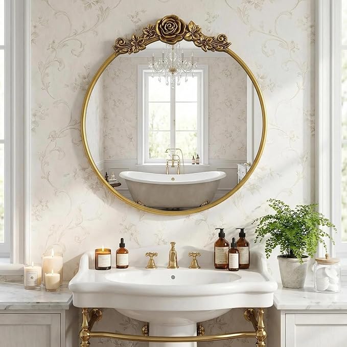 Vintage Baroque Round Wall Mirror 20" Circle Ornate Gold Mirror for Bathroom Antique Carved Frame Accent Mirror for Living Room Bedroom Entryway Vanity