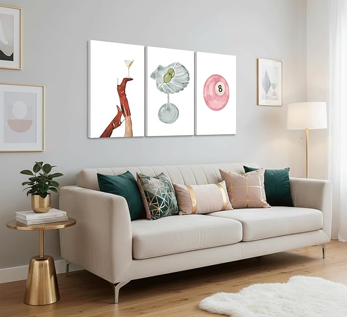 3Pcs Funky Martini Canvas Prints Wall Art,Trendy Preppy Pink Number 8-Ball Pictures Posters,Y2k Girl's Room Wall Decor for girl rooms,dorm rooms, and apartments. 12x16in Framed