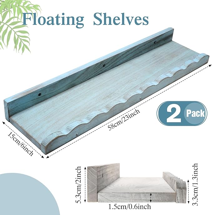 Suzile 2 Pcs Scalloped Shelves Wall Floating Shelves Set for Room, Bathroom, Bedroom, Cute Room Decor Aesthetic and Books, Toys, Photo Frames Storage(23",White, Blue)