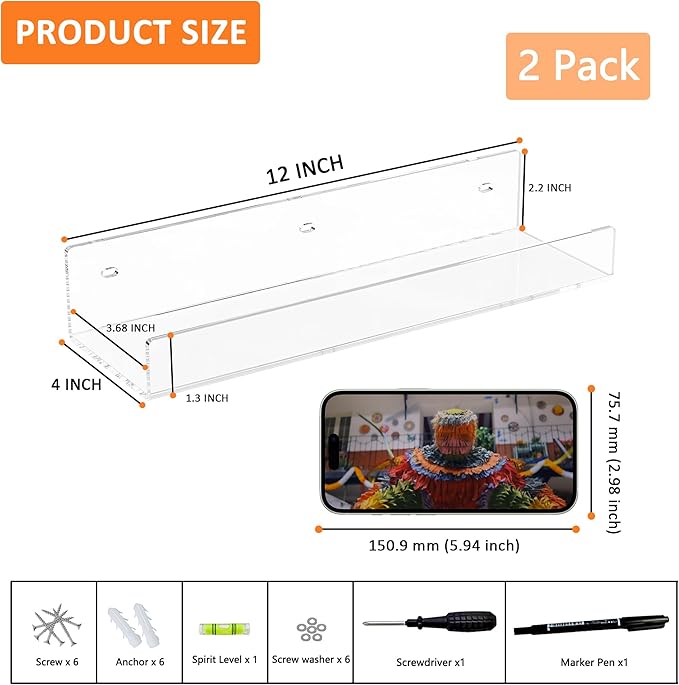 12'' Clear Acrylic Wall Shelf 2 Pack, Tranparent Perspex Floating Shelves, Acrylic Shelf for Bedroom, Living Room, Dining Room, Kitchen, Bathroom, Dining Room