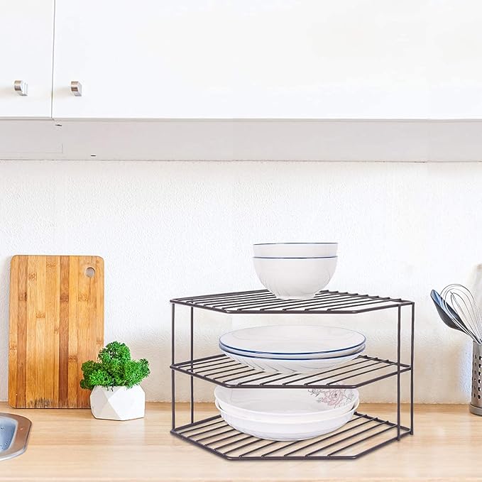 Cabinet Shelf Organizer - Corner Shelf Counter and Cabinet Organizer -Countertop Storage - Cabinet Corner Rack for Plate - Cabinet & Pantry Kitchen Shelf (Black)