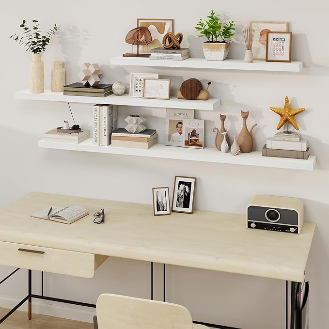 Fun Memories Floating Shelves for Wall, 48Inch Long Floating Shelves Set of 1, Hanging Shelf with Invisible Brackets, Wood Shelves for Living Room, Bedroom, Kitchen, White