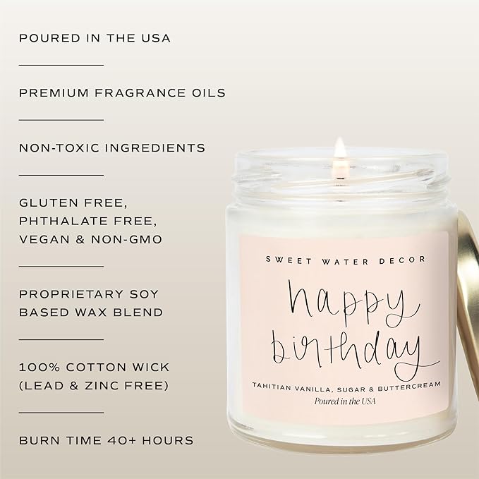Sweet Water Decor Happy Birthday Soy Candle - Vanilla Sugar & Buttercream Sweet Scented Happy Birthday Candle Gift for Mom, Friends & Girls - 40 Hour Burn Time - 9oz - Non Toxic