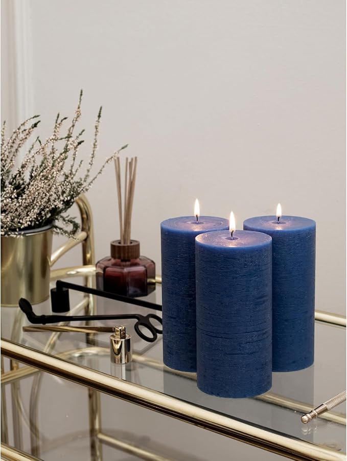 CANDWAX Large Pillar Candles 3x6 Inch – Set of 3 Unscented Dripless Dark Blue Candles, Rustic Finish for Weddings, Home Interior, Centerpieces