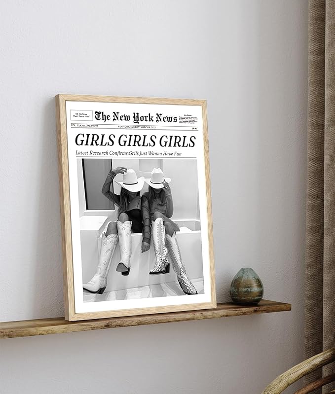 Bwodke OAK Wood Framed Wall Art Girls Just Wanna Have Fun Canvas Art Vintage Newspaper Pictures Western Wall Decor Trendy Cowgirl Prints Black and White Artwork for Girly Dorm Bedroom 12"x16"
