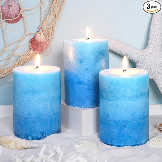 3x4 Inche Pillar Candles Ocean Scented Aromatherapy Candles Long Lasting Burn Blue Mottled 3-Layered Candles for Home Scented, SPA, Restaurant, Set of 3, Immeiscent