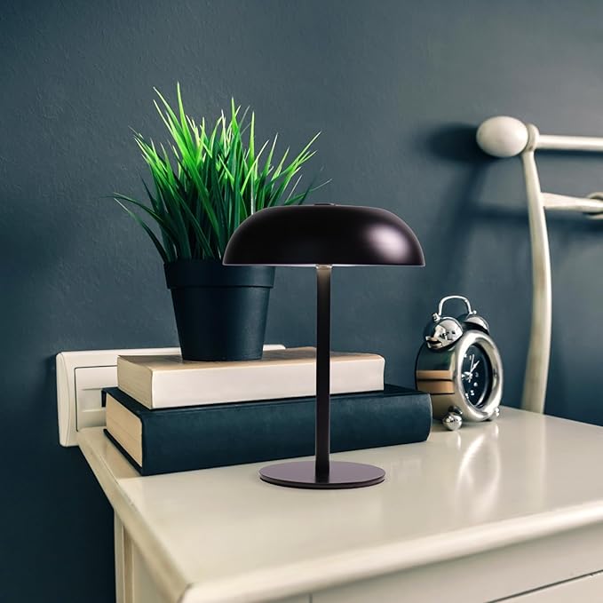 Portable LED Mushroom Table Lamp, 8.46'' Metal Small Cordless Desk Night Light with 5200mAh Rechargeable Battery, Stepless Dimming Lamp with 3 Colors for Bedroom/Bar/Coffee Shop (Black)