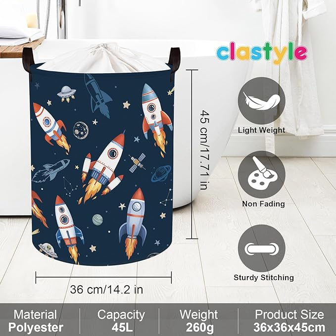 Clastyle Cosmic Space Kids Book Storage Basket Planet Clothes Laundry Basket Parents Gift Toy Box for Bedroom Shower, Rocket, 36x45 cm